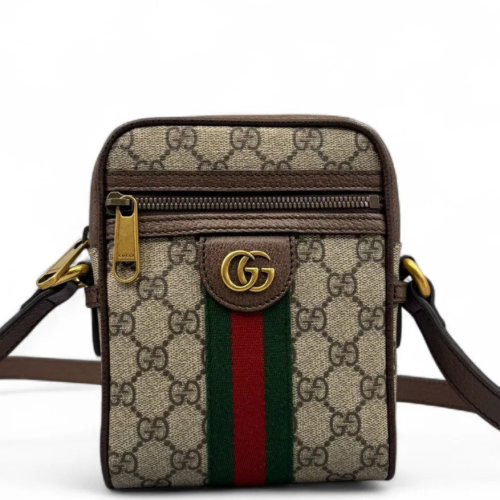 Gucci North-South Ophidia Web Camera Case GG Supreme Monogram Calfskin Beige Brown Green
