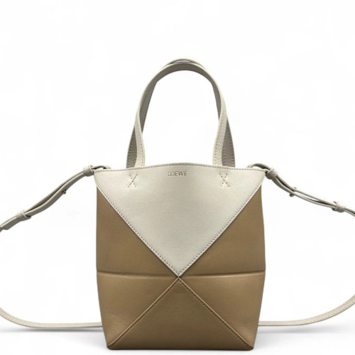 Loewe Mini Puzzle Fold Tote Calfskin White Dark Deige