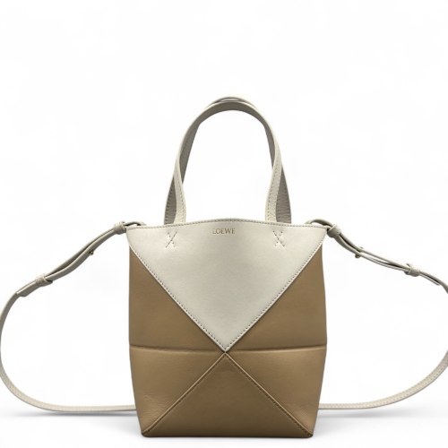 Loewe Mini Puzzle Fold Tote Calfskin White Dark Deige