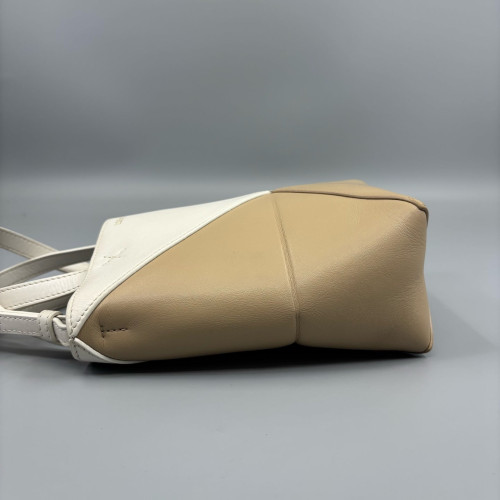 Loewe Mini Puzzle Fold Tote Calfskin White Dark Deige