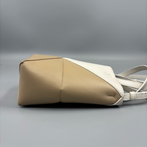 Loewe Mini Puzzle Fold Tote Calfskin White Dark Deige