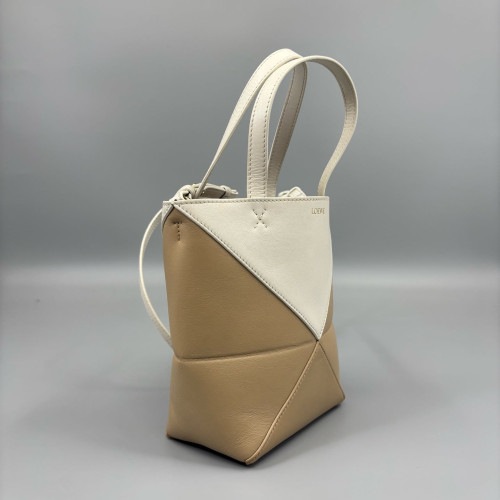 Loewe Mini Puzzle Fold Tote Calfskin White Dark Deige