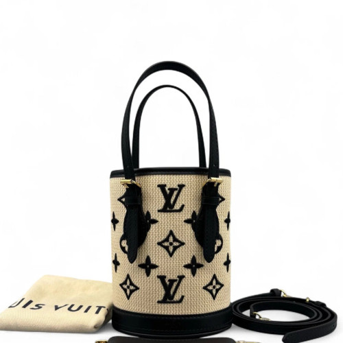 Louis Vuitton Nano Lockme Bucket Fabric Calfskin Beige Black Louis Vuitton Nano Lockme Bucket Fabric Calfskin Beige Black
