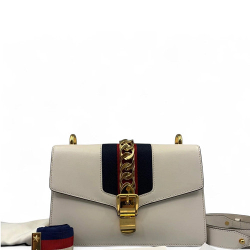 Gucci Web Small Sylvie Shoulder Bag Calfskin White Blue Red Gucci Web Small Sylvie Shoulder Bag Calfskin White Blue Red