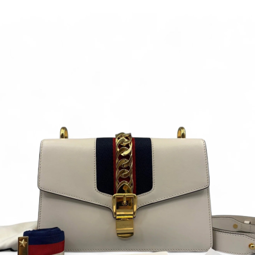 Gucci Web Small Sylvie Shoulder Bag Calfskin White Blue Red Gucci Web Small Sylvie Shoulder Bag Calfskin White Blue Red