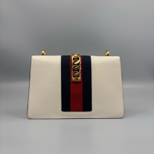 Gucci Web Small Sylvie Shoulder Bag Calfskin White Blue Red Gucci Web Small Sylvie Shoulder Bag Calfskin White Blue Red