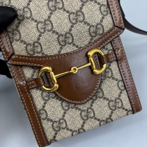 Gucci Mini Horsebit 1955 Crossbody Bag GG Supreme Monogram Beige Brown