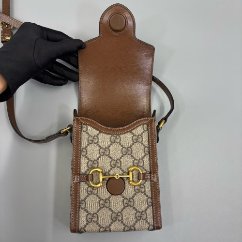 Gucci Mini Horsebit 1955 Crossbody Bag GG Supreme Monogram Beige Brown
