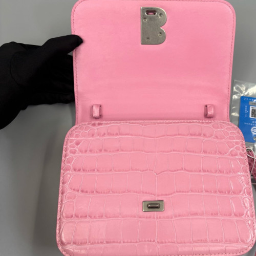 Balenciaga B Dot Flap Bag Calfskin Crocodile Embossed Pink