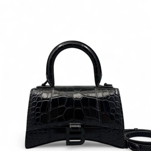 Balenciaga Hourglass Xs Calfskin Crocodile Embossed Black