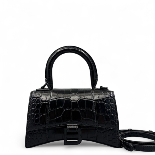 Balenciaga Hourglass Xs Calfskin Crocodile Embossed Black