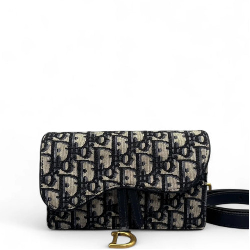 Dior Saddle Belt Pouch Canvas Oblique Black Beige Navy