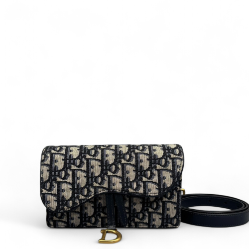 Dior Saddle Belt Pouch Canvas Oblique Black Beige Navy