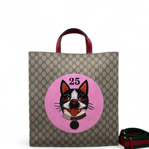 Gucci Embroidered Web Tote Bag GG Supreme Monogram Calfskin Beige Black Pink