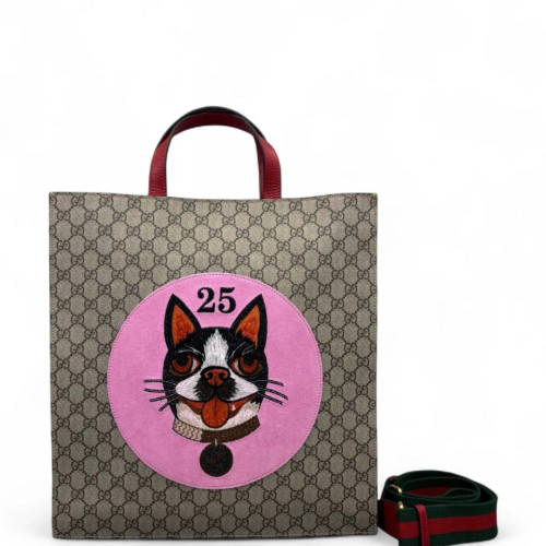 Gucci Embroidered Web Tote Bag GG Supreme Monogram Calfskin Beige Black Pink