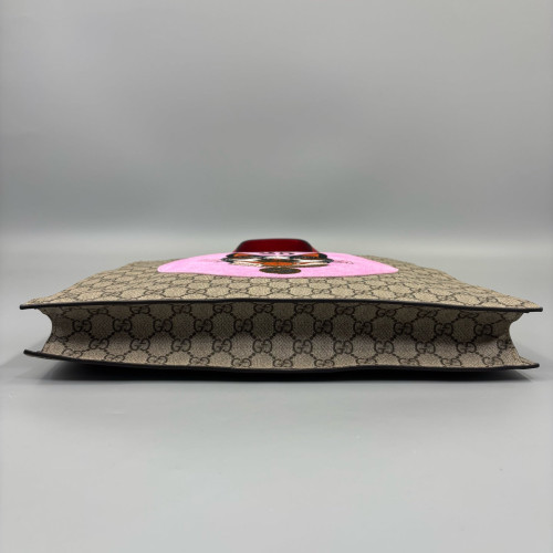 Gucci Embroidered Web Tote Bag GG Supreme Monogram Calfskin Beige Black Pink