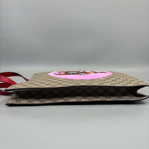 Gucci Embroidered Web Tote Bag GG Supreme Monogram Calfskin Beige Black Pink