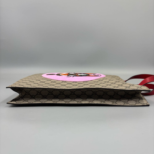 Gucci Embroidered Web Tote Bag GG Supreme Monogram Calfskin Beige Black Pink