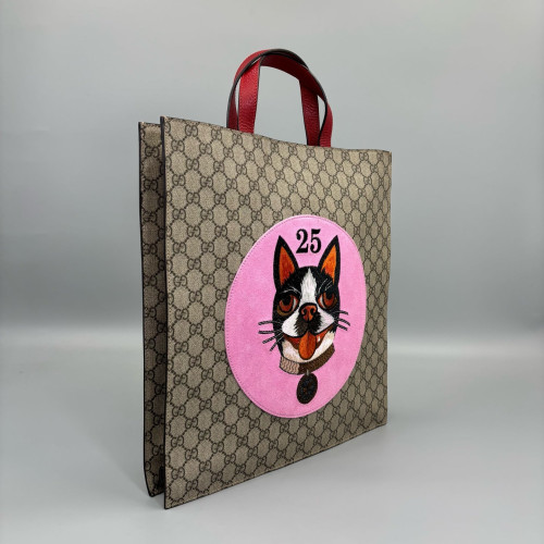 Gucci Embroidered Web Tote Bag GG Supreme Monogram Calfskin Beige Black Pink
