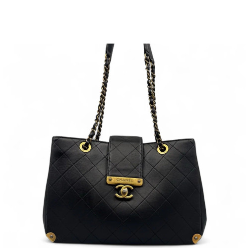 Chanel Quilted Medium Around The Corner Shopping Tote Calfskin Black