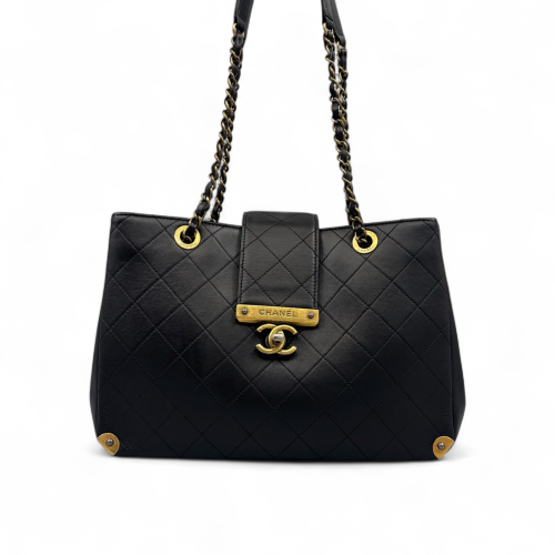 Chanel Quilted Medium Around The Corner Shopping Tote Calfskin Black