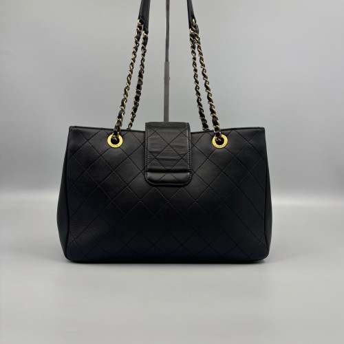 Chanel Quilted Medium Around The Corner Shopping Tote Calfskin Black