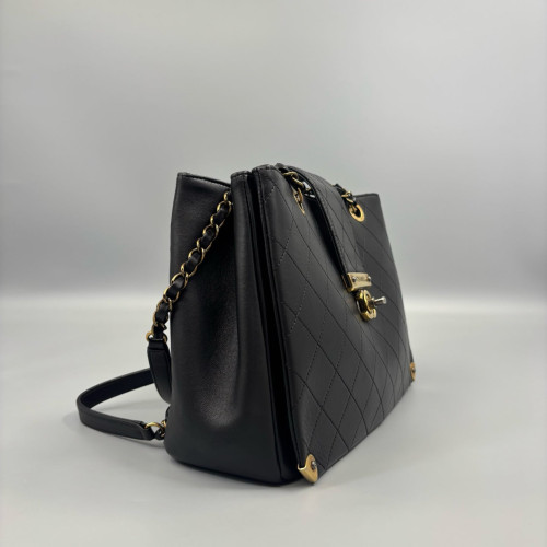 Chanel Quilted Medium Around The Corner Shopping Tote Calfskin Black