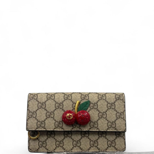 Gucci Mini Cherry Chain Wallet GG Supreme Monogram Beige Brown Red Gucci Mini Cherry Chain Wallet GG Supreme Monogram Beige Brown Red