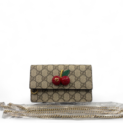 Gucci Mini Cherry Chain Wallet GG Supreme Monogram Beige Brown Red Gucci Mini Cherry Chain Wallet GG Supreme Monogram Beige Brown Red