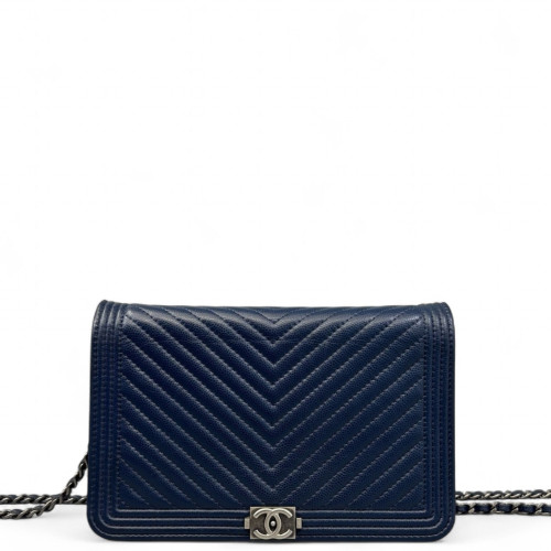 Chanel Chevron Quilted Boy Wallet On Chain WOC Calfskin Blue