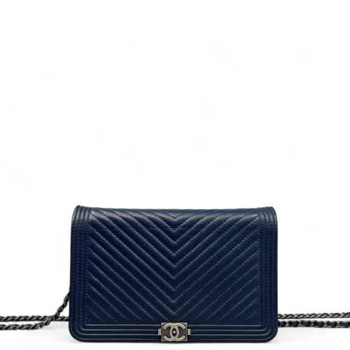 Chanel Chevron Quilted Boy Wallet On Chain WOC Calfskin Blue