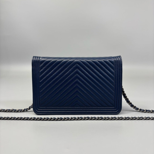 Chanel Chevron Quilted Boy Wallet On Chain WOC Calfskin Blue