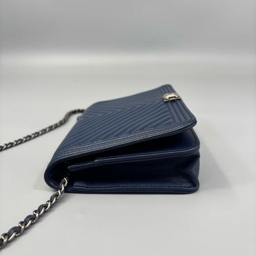 Chanel Chevron Quilted Boy Wallet On Chain WOC Calfskin Blue
