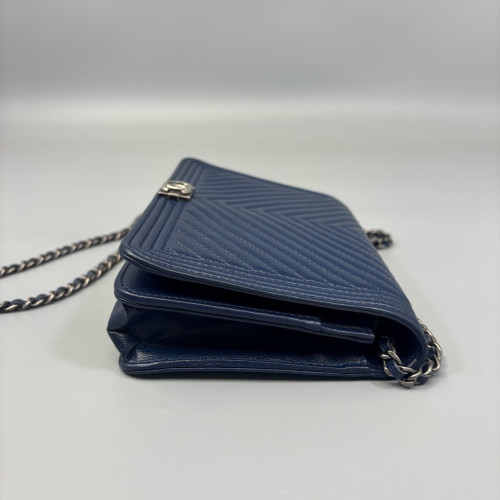 Chanel Chevron Quilted Boy Wallet On Chain WOC Calfskin Blue