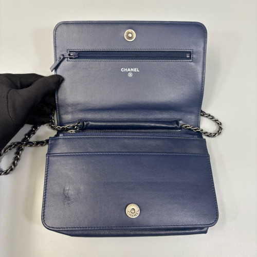 Chanel Chevron Quilted Boy Wallet On Chain WOC Calfskin Blue