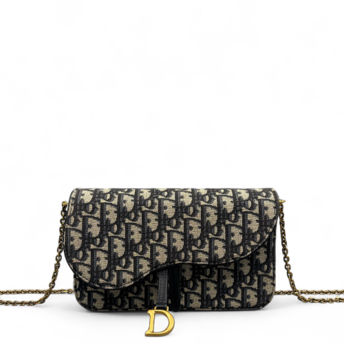 Dior Medium Saddle Chain Pouch Oblique Black Beige Navy