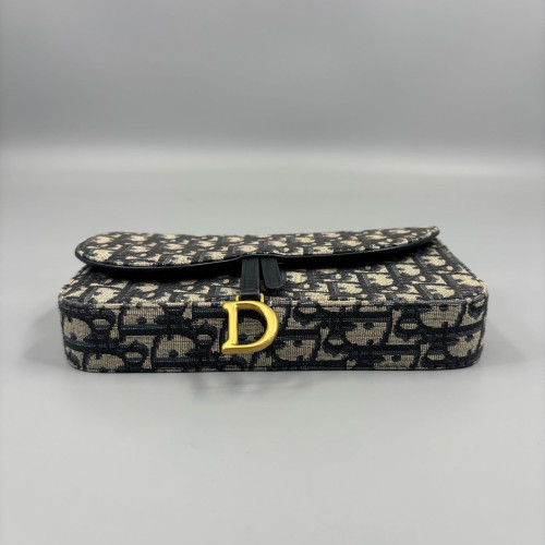 Dior Medium Saddle Chain Pouch Oblique Black Beige Navy