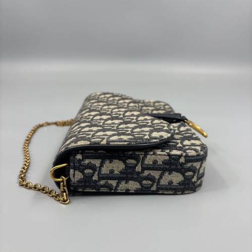 Dior Medium Saddle Chain Pouch Oblique Black Beige Navy