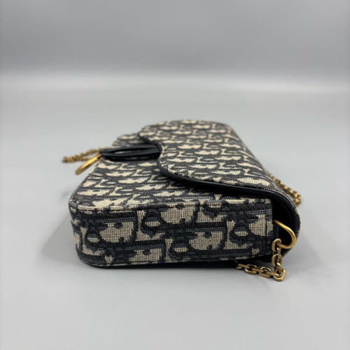 Dior Medium Saddle Chain Pouch Oblique Black Beige Navy
