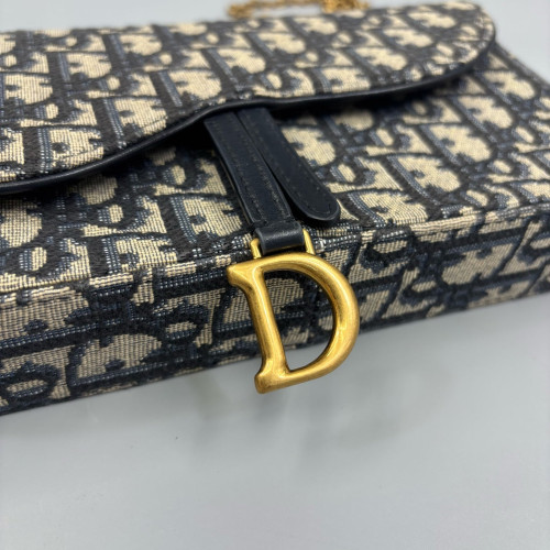 Dior Medium Saddle Chain Pouch Oblique Black Beige Navy
