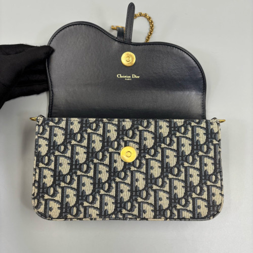 Dior Medium Saddle Chain Pouch Oblique Black Beige Navy