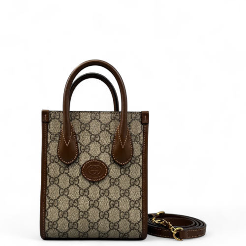 Gucci Mini Interlocking G Tote GG Supreme Monogram Brown Beige