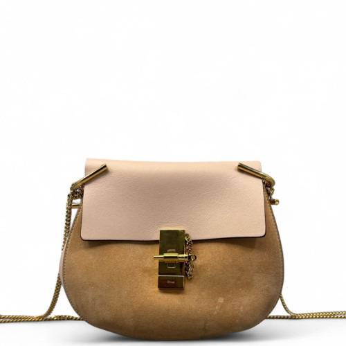Chloe Medium Drew Shoulder Bag Suede Calfskin Light Brown Cammeo