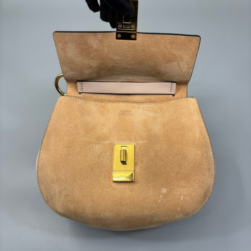 Chloe Medium Drew Shoulder Bag Suede Calfskin Light Brown Cammeo