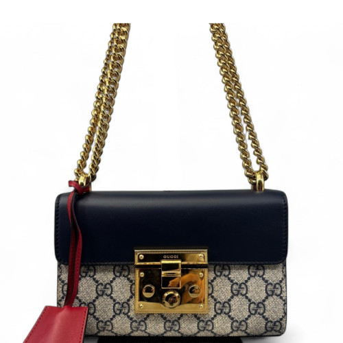 Gucci Small Padlock Shoulder Bag GG Supreme Monogram Blue Beige Red