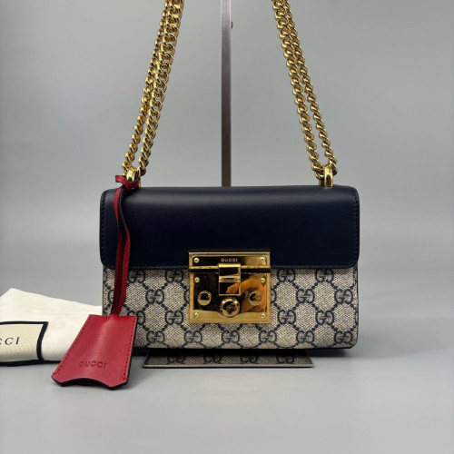 Gucci Small Padlock Shoulder Bag GG Supreme Monogram Blue Beige Red
