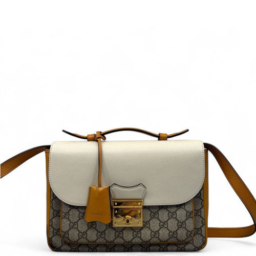 Gucci Small Padlock Front Pocket Flap Shoulder Bag GG Supreme Monogram Yellow White