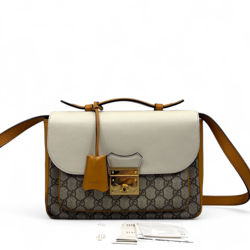 Gucci Small Padlock Front Pocket Flap Shoulder Bag GG Supreme Monogram Yellow White