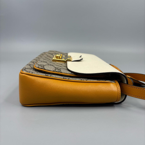 Gucci Small Padlock Front Pocket Flap Shoulder Bag GG Supreme Monogram Yellow White