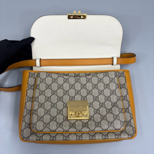 Gucci Small Padlock Front Pocket Flap Shoulder Bag GG Supreme Monogram Yellow White